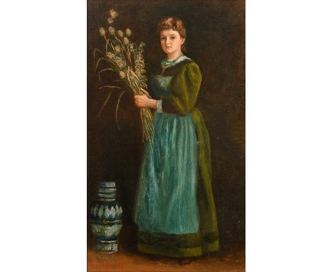 Arthur Hughes (1832–1915)Portrait of Lucy Hill (1864-1946), full-length, standing in an interiorSigned ARTHUR HUGHES (lower l
