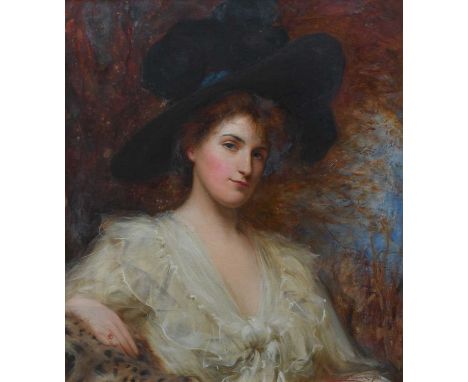 Shirley Slocombe (1872-1935)Portrait of a lady, bust-length, wearing a white dress and black feathered hatSigned and dated Sh