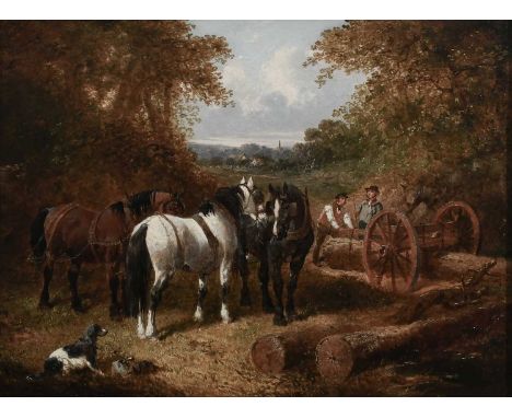 John Frederick Herring Jnr. (1815-1907) Wooded landscape with loggers and horses, a village in the distanceSigned J F Herring