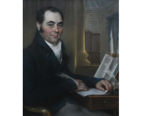 John Russell RA (1745-1806)Portrait of John Green, half-length, wearing a blue coat, seated at a tableSigned and dated J.Russ