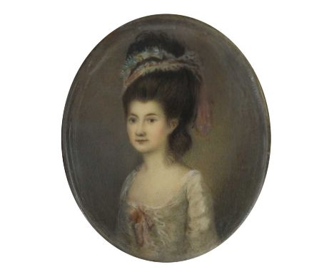 λ English School 1777Portrait miniature of Hannah Myles Browne, née Bullock (1741-1802), wearing a white dress and blue and p