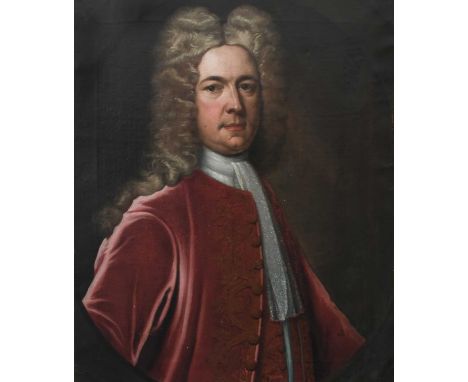 Circle of Sir Godfrey KnellerPortrait of a gentleman, half-length, wearing a red coat and waistcoat and long wig, in a painte