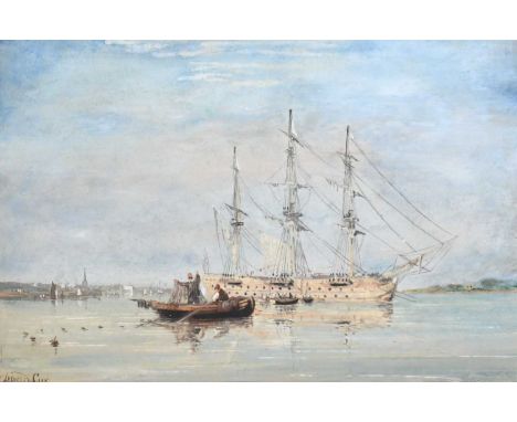 David Cox Sen. RWS (1783-1859)Fishermen near a Three-Mastership in an Estuary, Chichester beyondSigned David Cox (lower left)