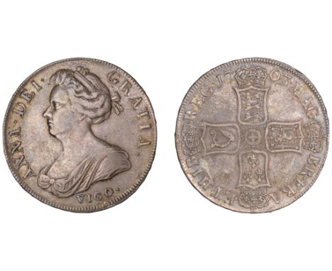 Anne (1702-1714), Crown, 1703 vigo, first bust, edge tertio (ESC 1340; S 3576). Sometime cleaned and now grey-toned, minute e