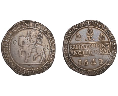 Charles I (1625-1649), Shrewsbury mint, Crown, 1642, no mm., short ‘Shrewsbury’ horseman, sash flying from waist, rev. three 