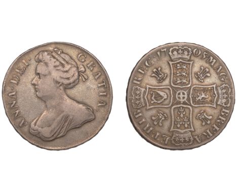 Anne (1702-1714), Crown, 1705, first bust, plumes in angles, edge qvinto (ESC 1341; S 3577). Good fine, toned and scarce  £40