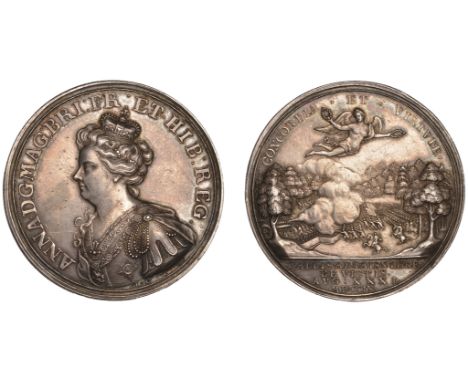 Anne (1702-1714), Battle of Malplaquet, 1709, a silver medal by J. Croker, crowned bust of Anne left, rev. view of the battle