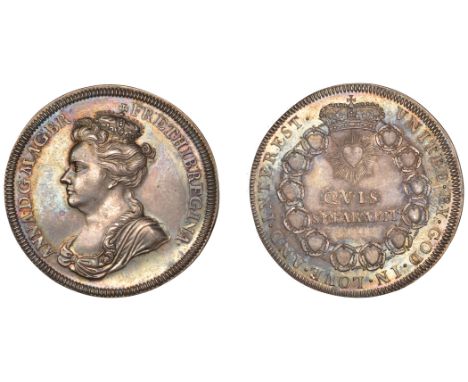 Anne (1702-1714), Accession, 1702, a silver medal, unsigned [by J. Croker], crowned bust of Anne left,, rev. radiate heart wi