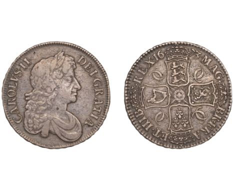 Charles II (1660-1685), Crown, 1673, third bust, b over r in br, edge vicesimo qvinto  (ESC 391; S 3358). About very fine, li