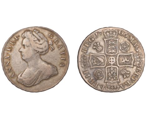 Anne (1702-1714), Crown, 1706, first bust, roses and plumes in angles, edge qvinto (ESC 1342; S 3578). Good fine, peripheral 