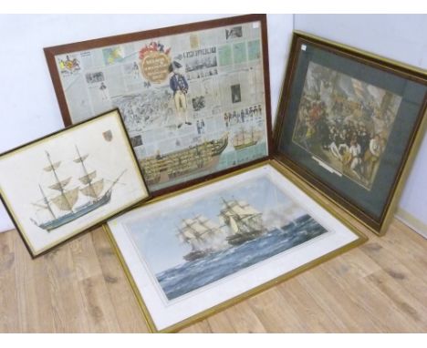 The Frigate Constitution in Action, a large framed colour print after Montague Dawson, 50cm x 32cm; also two others relative 
