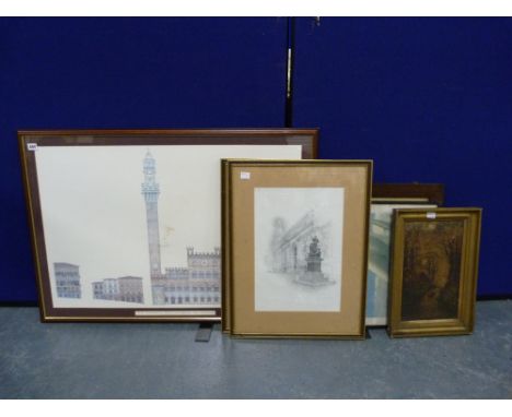 Three framed architectural prints &amp; three other pictures.  (6).