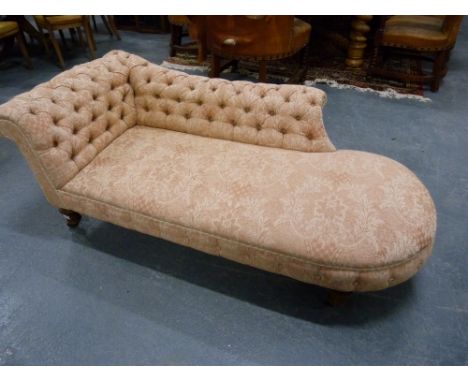 Victorian chaise longue, the button upholstered back &amp; curved end seat on turned ball &amp; reed supports with brass cast