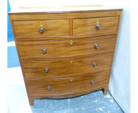 19th century mahogany bow front chest of two short &amp; three long drawers, ebonised stringing &amp; shaped apron on splay b