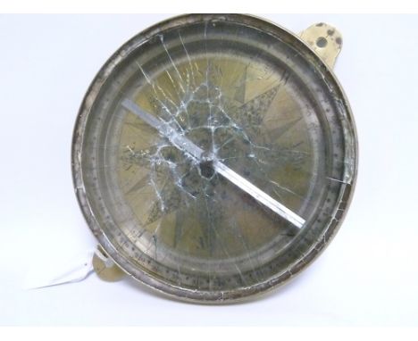 Large brass compass with partially silvered engraved dial, no maker's name (needing new glass), 14.5 diam.