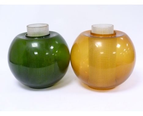 Six large Danish coloured glass lamp shades of globular form, with inner dimpled flutes (4 x green and 2 x orange). (6). Cond