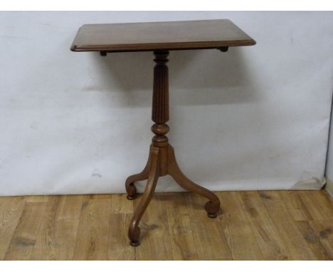 19th century mahogany snap top occasional table, the rectangular top on turned reeded tapered column & downswept tripod suppo