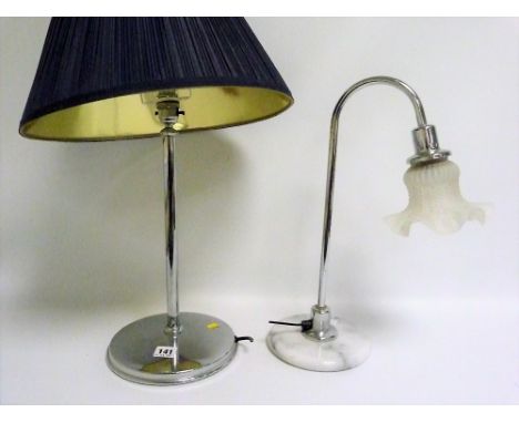 Chrome plated table lamp, 57cm high &amp; another with glass shade, 43cm high.  (2).