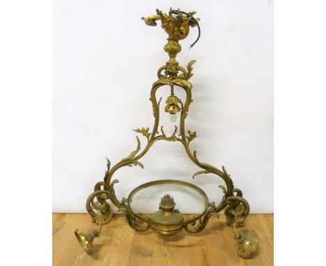 Foliate scroll brass centre light fitting with oil lamp reservoir &amp; electrical wiring, 90cm high. Electrical testing / re