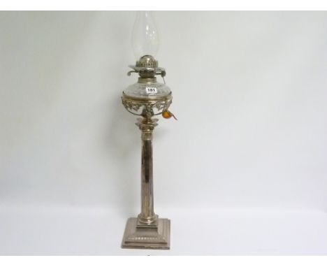 Oil lamp with cut glass reservoir upon silver openwork, by J. B. Carrington, Sheffield, 1893,  e.p. column with part fluting.