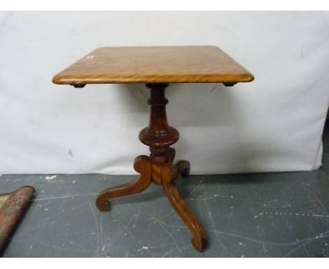 19th century birch tilt top occasional table, the square top on turned baluster column with downswept tripod supports. 55cm s