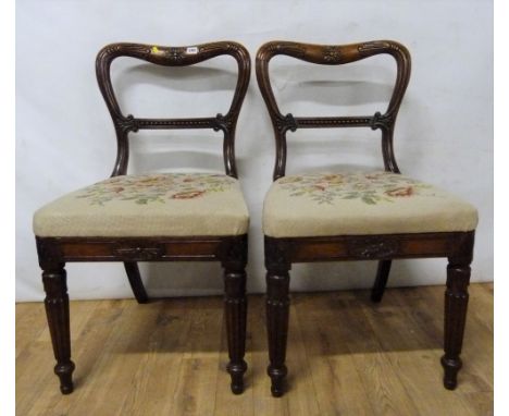 Pair of Victorian rosewood balloon back dining chairs with incised &amp; carved decoration above tapestry seats &amp; moulded
