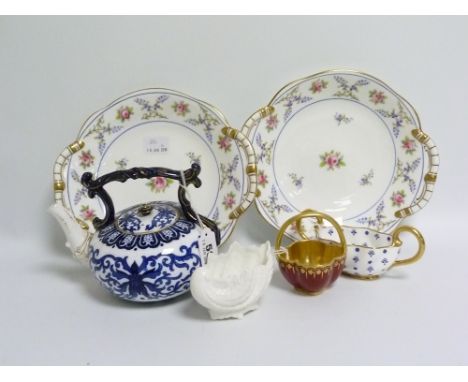 Coalport blue &amp; white transfer decorated teapot of kettle form, 14cm high; a small red &amp; gilt basket of quatrefoil fo