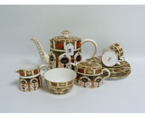 Royal Crown Derby bone china part teaset, pattern no. 1128, comprising: teapot; twin handled covered sucrier & a sugar bowl; 