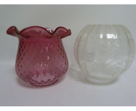 Cranberry glass oil lamp shade with frilled rim &amp; dimpled interior, 16.5cm high; also an etched globular shade, 18cm high