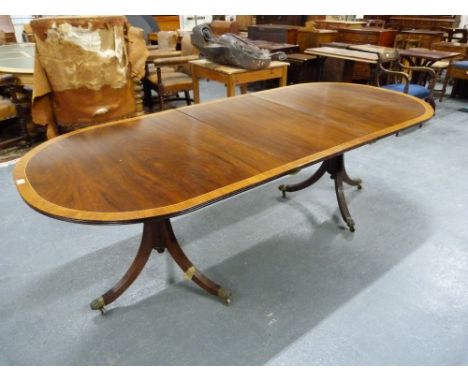 Reproduction crossbanded mahogany double pedestal D end dining table on turned baluster columns &amp; downswept reeded tripod