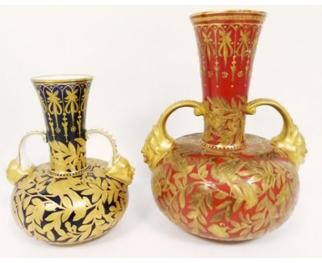 Two Royal Crown Derby vases, twin handled shouldered form, tooled gilt foliate carpet ground with birds& mask handles, circa 