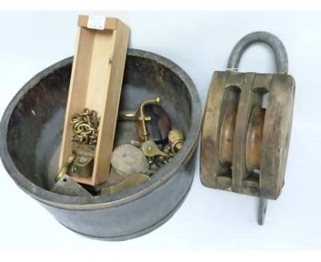 Large wooden ship's pulley block; various other smaller wooden &amp; brass pulley blocks &amp; further items of miscellanea, 