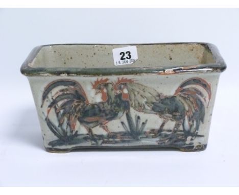 Colin Kellam (B.1942) Devon studio pottery flower trough decorated with cockerels, 23cm long.