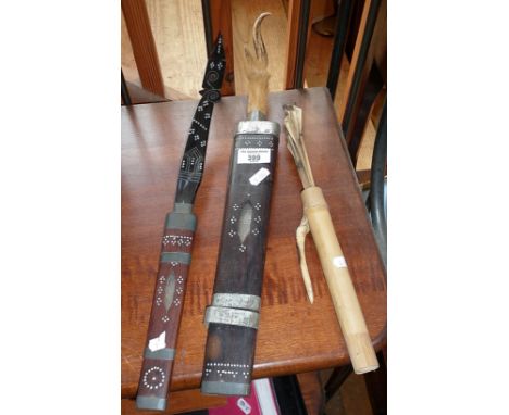 Tribal Art: Arrows in bamboo quiver, knife and inlaid scabbard with taxidermy horn handle, and another similar