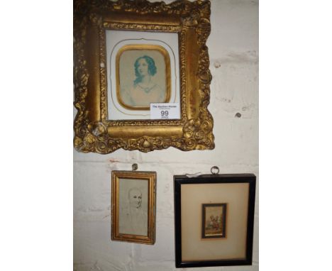 Miniature 19th c. ink portrait of a gentleman, and two other miniature pictures