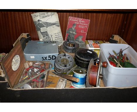 Vintage fishing reels, tackle and books