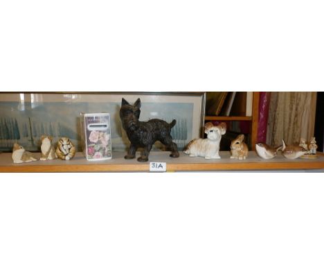 Royal Worcester Flower Fairies money box, cast iron terrier figure and assorted china animals and birds