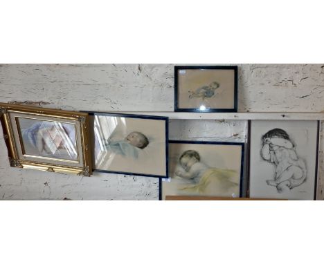 Five mid-century prints of babies