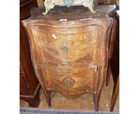 18th c. Italian marquetry bombe commode of two drawers (some veneer missing), 60cm wide x 80cm high