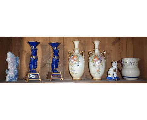 Franklin Mint Golden Candlesticks of Bast, pair of vases, Staffordshire cat, etc.