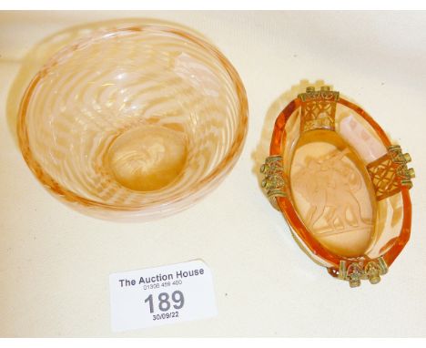 Vintage Art Deco Czech pink glass pin dish, and another latticino