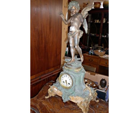 19th c. French spelter and marble mantle clock surmounted by figure of Cupid, 2' tall, Alerte Par Aug. Moreau