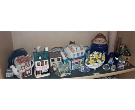 Shelf of assorted china and pottery and several ceramic models of butcher's shops