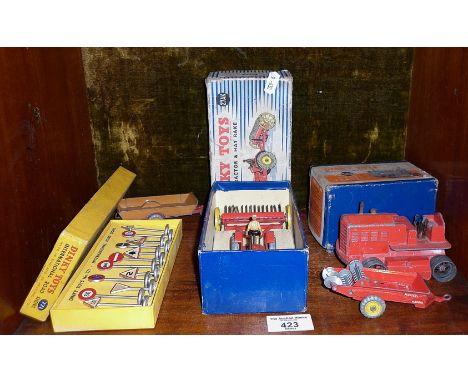 Dinky Toys farm tractor and hay rake 27AK with two trailers, Dinky Toys International Road signs, No. 771, and Heavy Tractor 