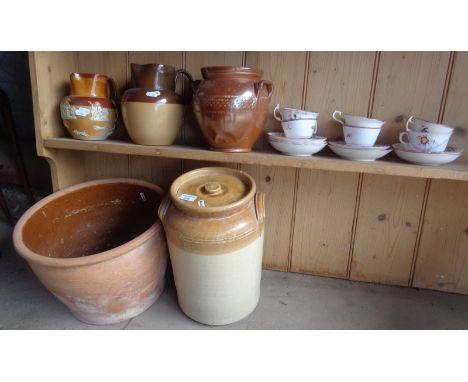 Old crock, stoneware storage pots and two harvest jugs and some lustre teacups and saucers