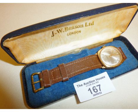 Vintage 9ct gold men's wrist watch by J.W. Benson Ltd., inscription under