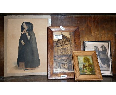 Framed pyrographic picture of a house in Chester, old prints and engravings