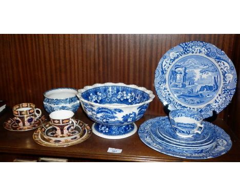 Royal Crown Derby cups and saucers, Copeland Spode and Booths blue and white plates, bowls, etc.