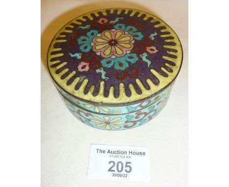 Cloisonné box, approx. 9cm in diameter, some damage to enamel