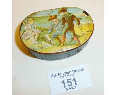 Victorian papier mache snuff box with pictorial lid showing children playing
